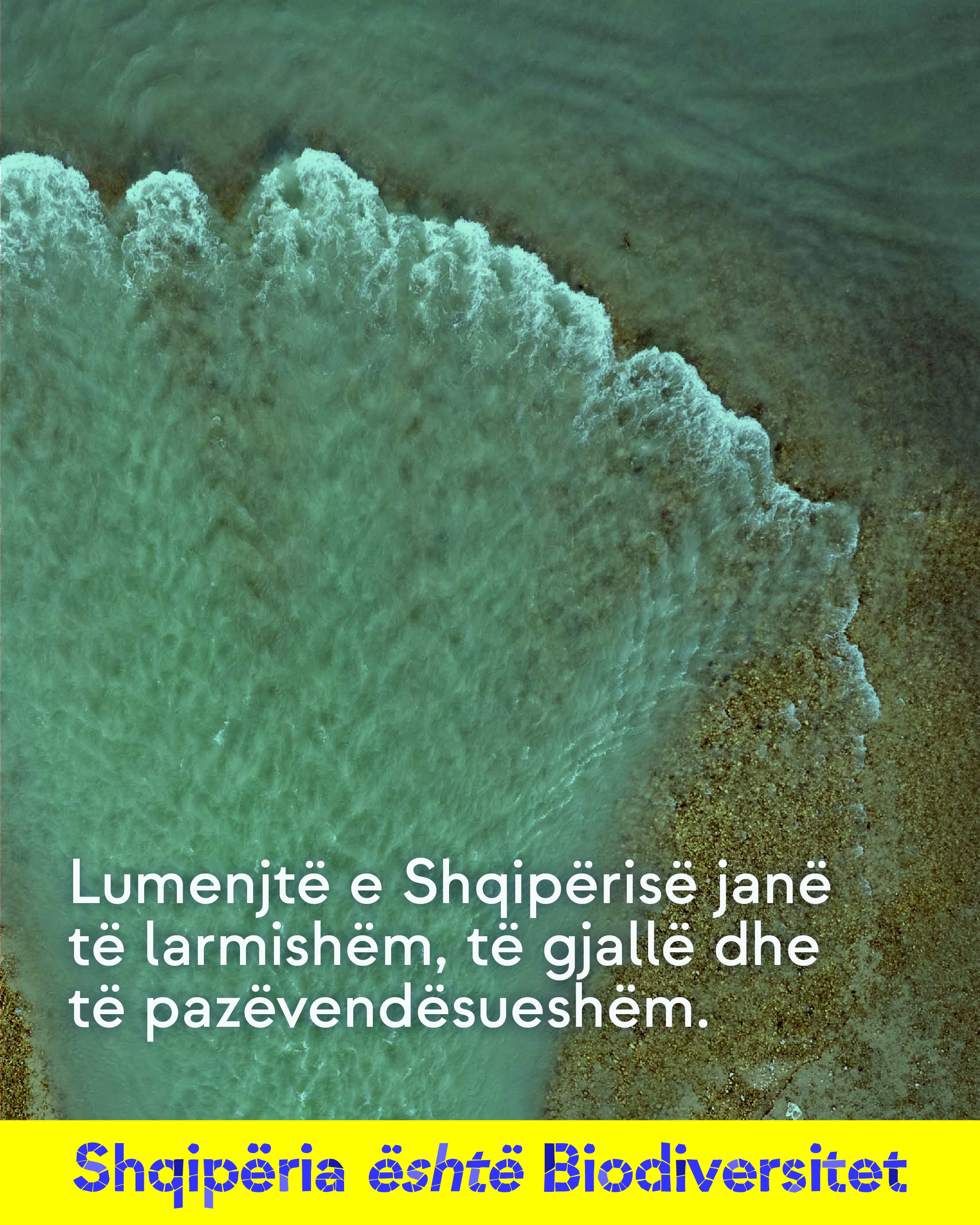 Pamje nga ajri e ujit të gjelbër-bruz që përhapet në formë freskoreje. Tekst në imazh: Lumenjtë e Shqipërisë janë të larmishëm, të gjallë dhe të pazëvendësueshëm.