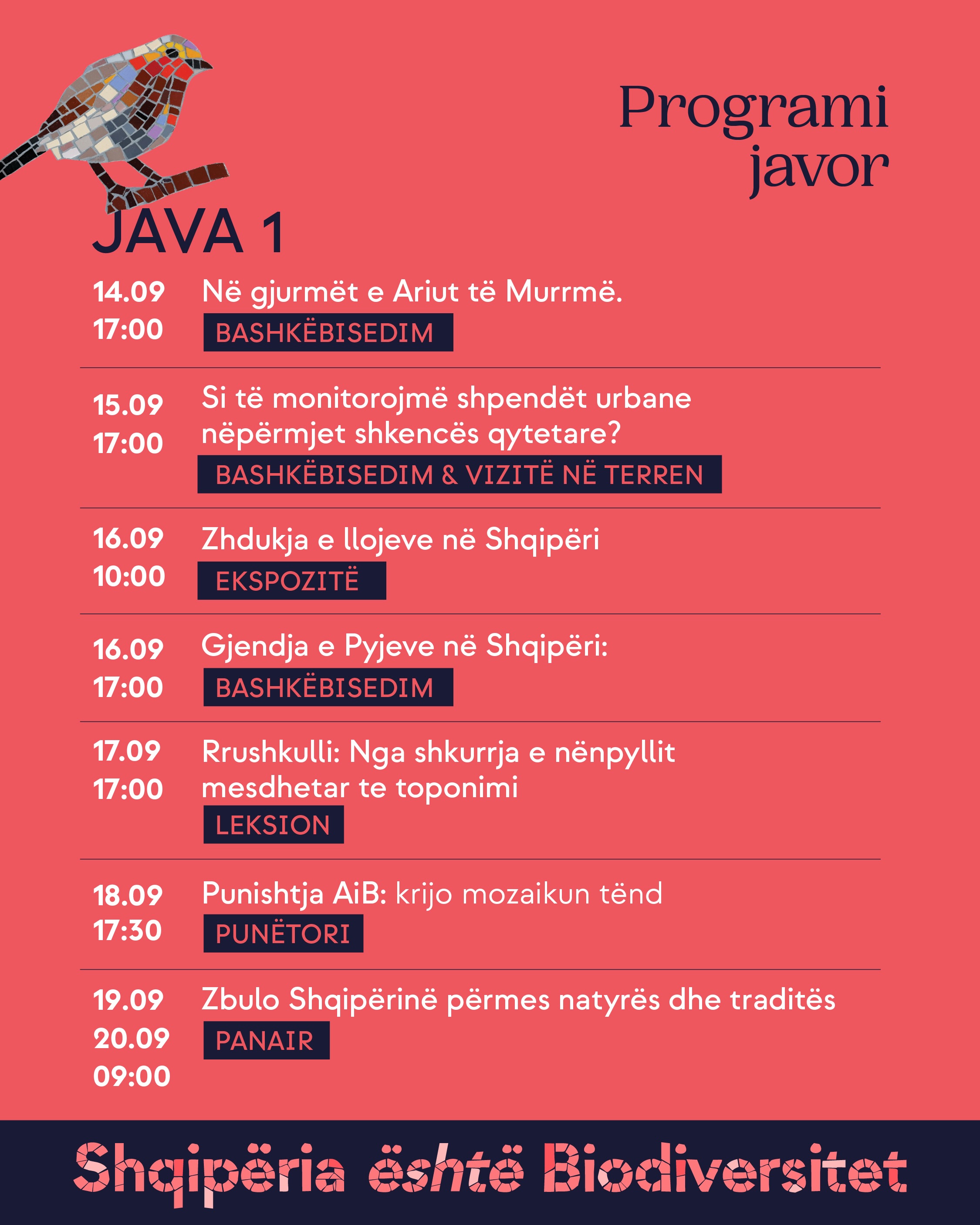 Programi javor, Java 1. 14.09, ora 17:00 – Në gjurmët e Ariut të Murrmë (bashkëbisedim). 15.09, ora 17:00 – Si të monitorojmë shpendët urbane nëpërmjet shkencës qytetare? (bashkëbisedim dhe vizitë në terren). 16.09, ora 10:00 – Zhdukja e llojeve në Shqipëri (ekspozitë). 16.09, ora 17:00 – Gjendja e Pyjeve në Shqipëri (bashkëbisedim). 17.09, ora 17:00 – Rrushkulli: Nga shkurrja e nënpyllit mesdhetar te toponimi (leksion). 18.09, ora 17:30 – Punishtja AiB: krijo mozaikun tënd (punëtori). 19.09 dhe 20.09, ora 09:00 – Zbulo Shqipërinë përmes natyrës dhe traditës (panair).