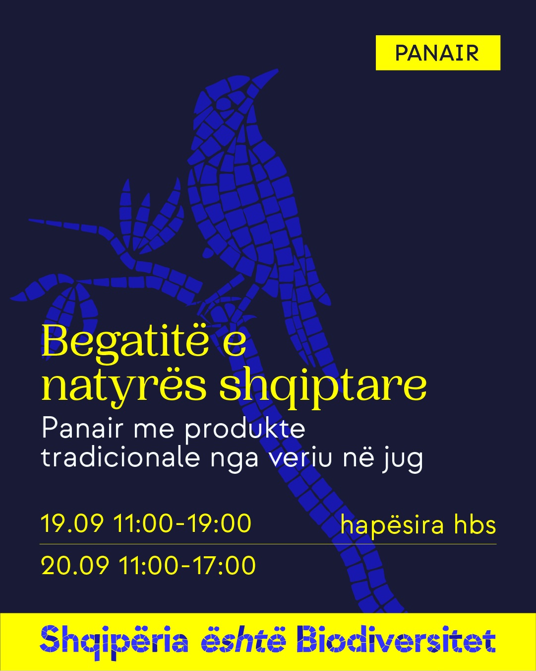 Poster i aktivitetit. Tekst në imazh: Panair. Begatitë e natyrës shqiptare. Panair me produkte tradicionale nga veriu në jug. 19.09, ora 11:00-19:00; 20.09, ora 11:00-17:00; hapësira hbs. Shqipëria është Biodiversitet.